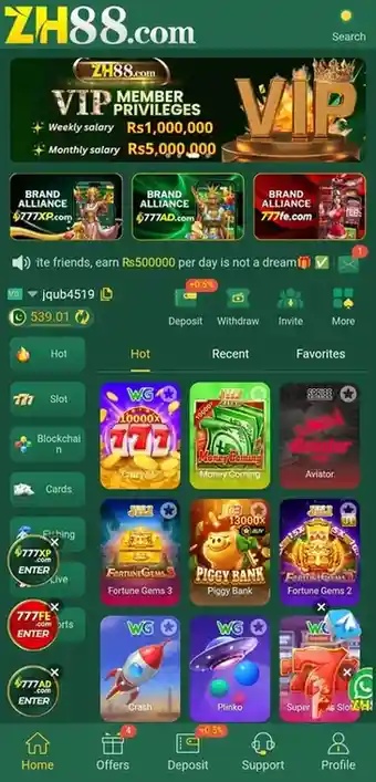 ZH88 Game app interface showing popular games