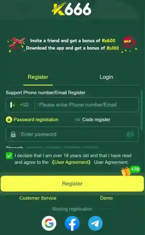 k666 game registration interface image